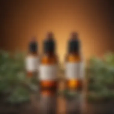 Antimicrobial Elixirs for Dermatitis Tea tree and eucalyptus essential oils in amber bottles