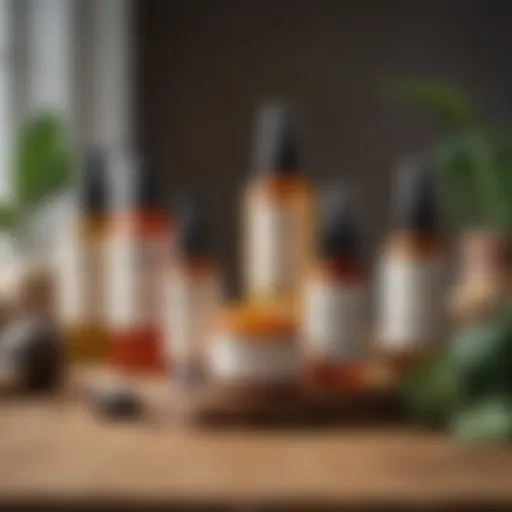 A selection of organic skincare products displayed on a wooden table