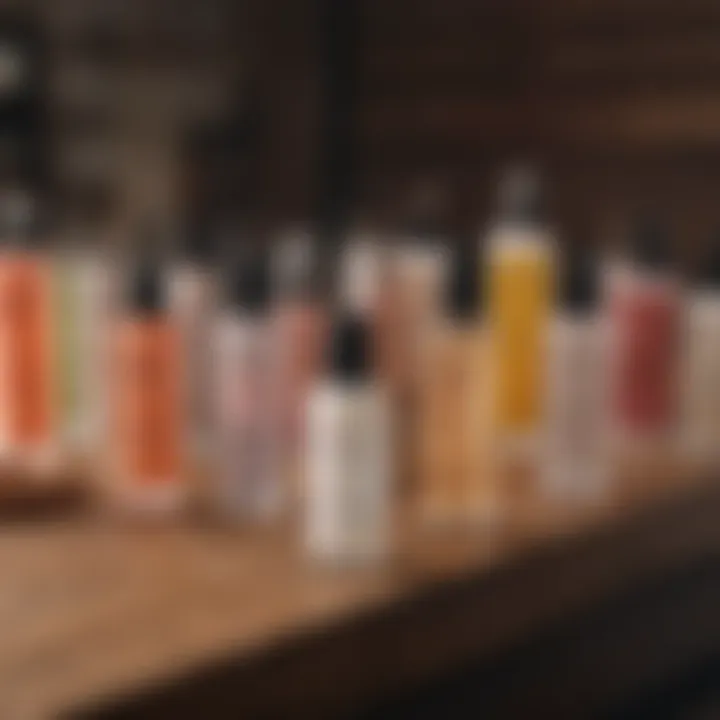 A selection of various toners displayed on a wooden table.