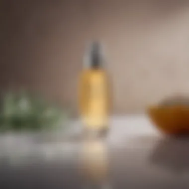 Close-up of hair serum bottle with natural ingredients in background