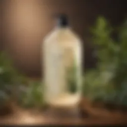 A vibrant bottle of organic shampoo surrounded by fresh herbs and botanical elements