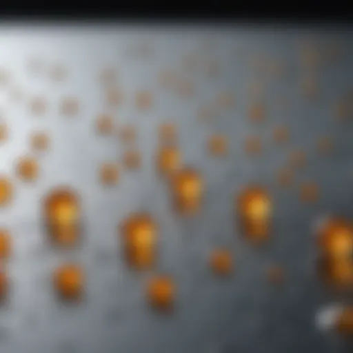 Close-up of vitamin C serum droplets on a glass surface