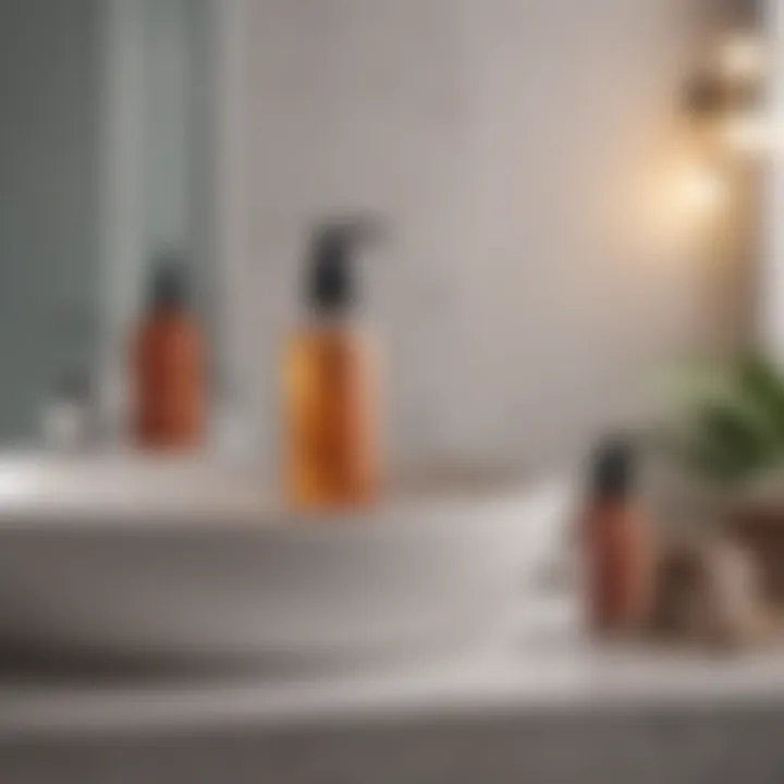 A serene bathroom setting with AHA exfoliant products on display.