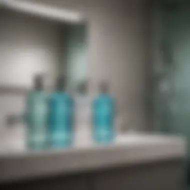 Variety of mouthwash bottles in a modern bathroom setting