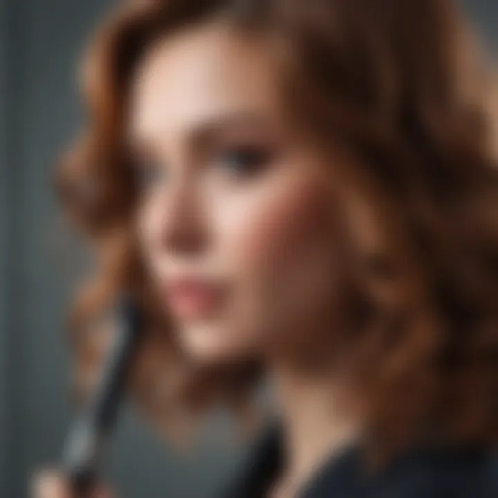 Close-up of a heated curling wand in action