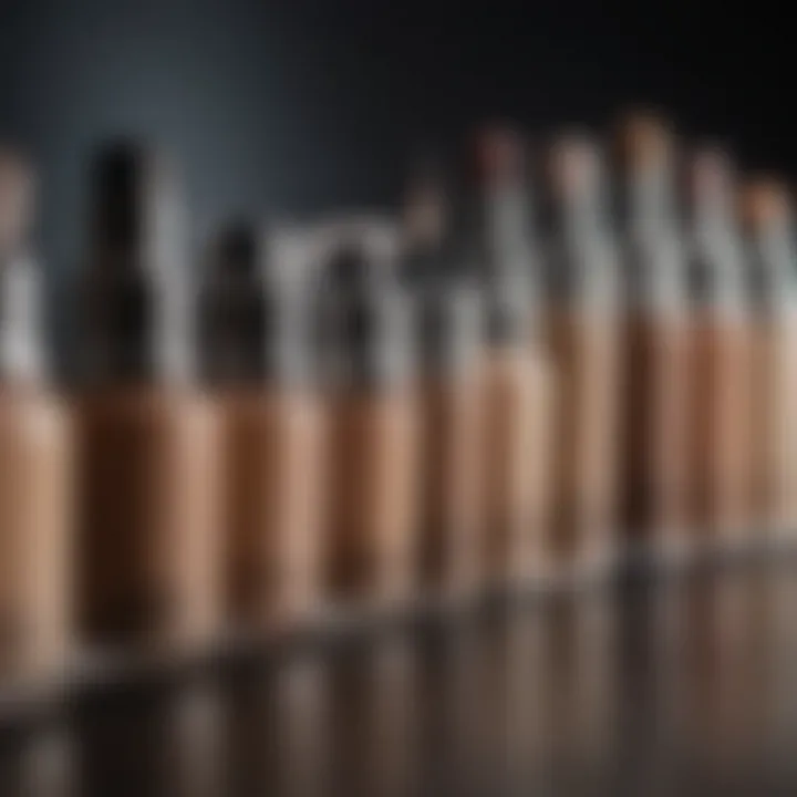 A spectrum of BB foundation shades displayed on a vanity