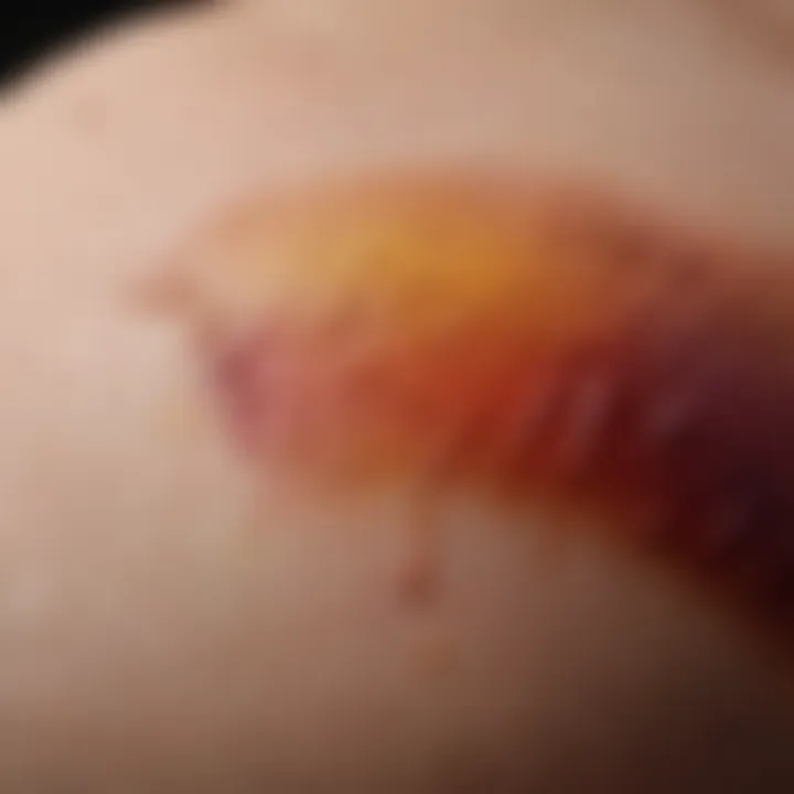 Close-up of a bruise on skin showing varying shades of color