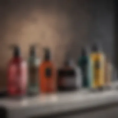 An array of hair care products on a vanity