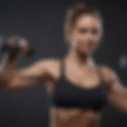 A dynamic pose showcasing strength training for upper arms with dumbbells