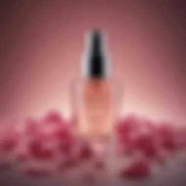 A luxurious skincare essence bottle against a backdrop of delicate rose petals