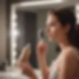 A stylish woman applying dry shampoo in front of a mirror