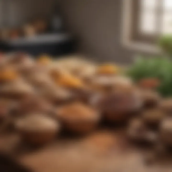 A serene kitchen setting with a wooden table displaying a selection of whole grains and legumes.