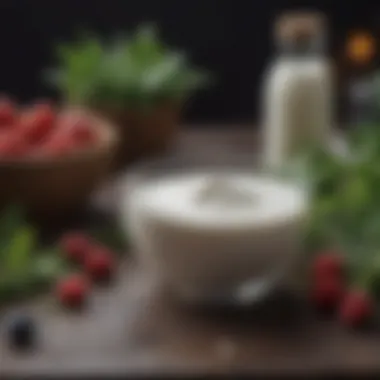 An artistic arrangement of yogurt alongside natural healing herbs.